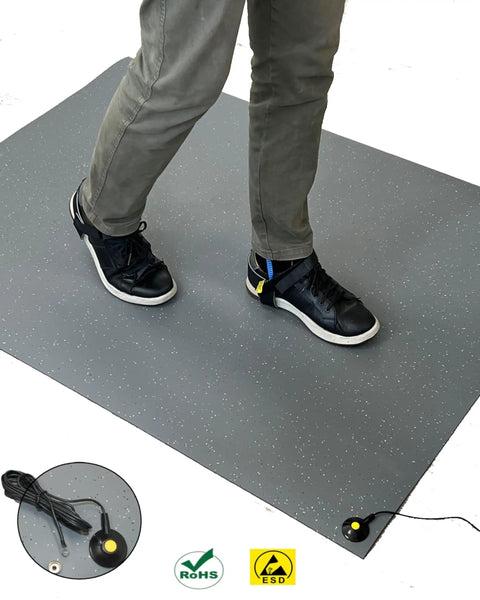 Person standing on ESD Safe Anti Static Floor Mat With Grounding Cable, 0.12 inch thick, 4 by 7 feet, gray speckled