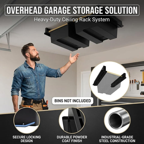 Connectable Overhead Garage Storage Rack With 3 Rails Set For Ceiling Mount Holds 2 Plastic Totes Space Saving Metal Ceiling Organizer System