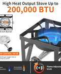 Dual Burner Propane Camping Stove With 200,000 BTU Beast Power showing flame and control knob for outdoor cooking.