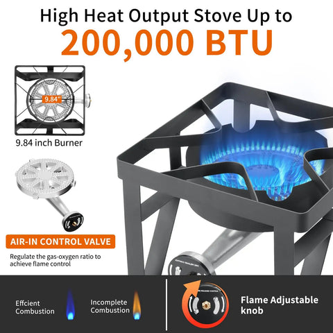 Dual Burner Propane Camping Stove With 200,000 BTU Beast Power showing flame and control knob for outdoor cooking.