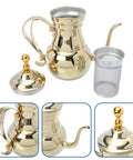 Stainless Steel Arabic Coffee Pot And Pour Over Teapot Set With Infuser Multiuse Coffee Kettle For Everyday Home Brew Espresso Style Filtered Pour Over Tea And More Durable Kitchen Coffee Maker, showing handle, spout, and infuser details.