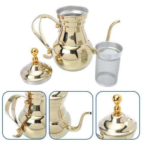 Stainless Steel Arabic Coffee Pot And Pour Over Teapot Set With Infuser Multiuse Coffee Kettle For Everyday Home Brew Espresso Style Filtered Pour Over Tea And More Durable Kitchen Coffee Maker, showing handle, spout, and infuser details.
