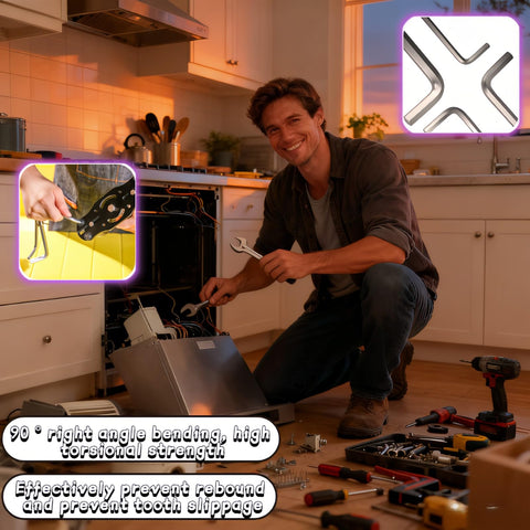 Man using Pro 8-Piece Metric Hex Key Set with L-Shaped Allen Wrenches for home appliance repair, tools scattered.