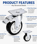 Heavy Duty Three Inch Caster Set With Two Fixed Trackers And Two Bulletproof Locking Swivel Wheels, detail of wheel locking mechanism and swivel plate.