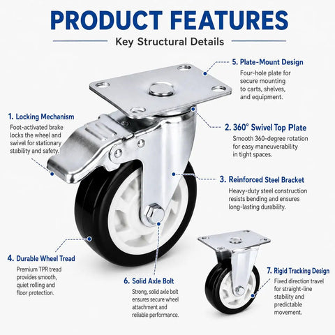 Heavy Duty Three Inch Caster Set With Two Fixed Trackers And Two Bulletproof Locking Swivel Wheels, detail of wheel locking mechanism and swivel plate.