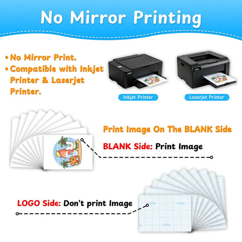 Instructions for using 20 Sheets Mixed Light And Dark Heat Transfer Paper Set For T Shirts And Fabrics with inkjet and laser printers.