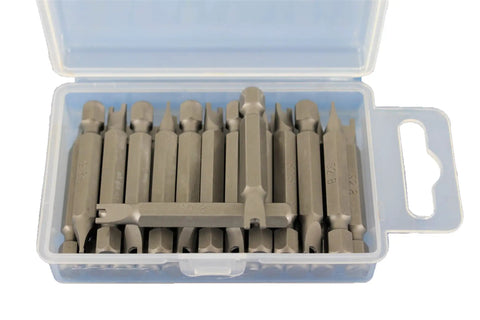 Premium S2 Steel Spanner Screwdriver Insert Bits Two Inch Long Quarter Hex Shank in clear storage case.