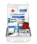 Front view of open white plastic first aid kit with trauma pad, sterile gauze, and bandages (199 pieces).