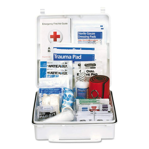 Front view of open white plastic first aid kit with trauma pad, sterile gauze, and bandages (199 pieces).