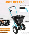 Walk Behind Broadcast Spreader With 80 Lb Capacity For Fertilizer Salt Ice Melt Grass Seed And Lawn And Garden Care Pro Grade Heavy Duty With Side Spread Control showing hopper, handle, and wheels.