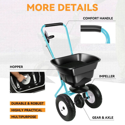 Walk Behind Broadcast Spreader With 80 Lb Capacity For Fertilizer Salt Ice Melt Grass Seed And Lawn And Garden Care Pro Grade Heavy Duty With Side Spread Control showing hopper, handle, and wheels.