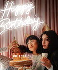 LED Neon Happy Birthday Sign Night Light For Party Backdrops And Bedroom Wall Decor, USB Powered White Glow with friends celebrating