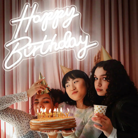 LED Neon Happy Birthday Sign Night Light For Party Backdrops And Bedroom Wall Decor, USB Powered White Glow with friends celebrating