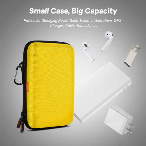 Beefy Bright Yellow Hard Shell Electronics Organizer Case With Carabiner Strap Go Anywhere No Fuss Storage Bag For Tech Gadgets And Daily Carry Essentials with power bank and earbuds.