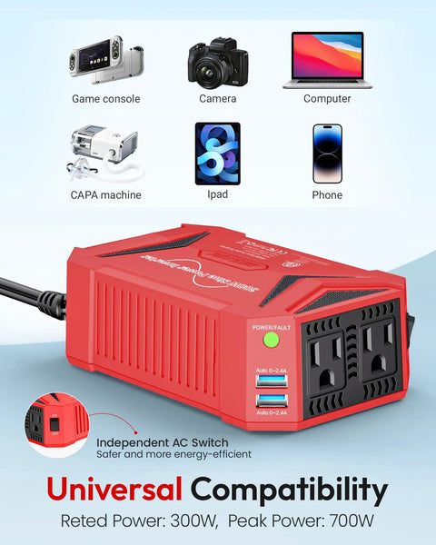 300W Pure Sine Wave Power Inverter For Road Trips, DC To AC 12V Converter, red dual USB fast charging ports.