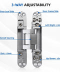 3-way adjustable hinge design showing door leaf, frame side, and thickened bearing for smooth operation. 2 Pack 6 Inch Hidden Door Hinges Heavy Duty Matte Silver Zinc Alloy Smooth Swing Built Like A Tank For Interior Doors And Cabinets Pain Free Install Solid Hardware You Can Really Trust Today.