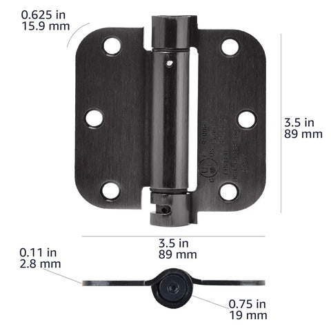 Front view of a 3.5x3.5 self-closing door hinge in oil-rubbed bronze finish with measurements, durable steel construction.