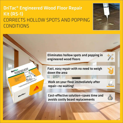 Image of DriTac Engineered Wood Floor Repair Kit correcting hollow spots and popping conditions, showcasing fast repair and easy DIY application.