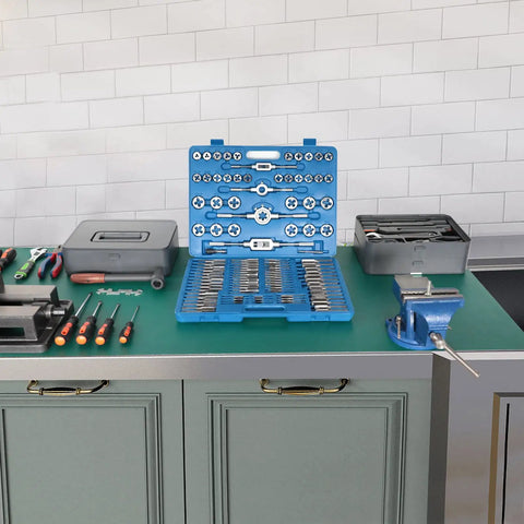 Heavy Duty Metric Tap and Die Set M2 to M18 With Case and Full Accessories displayed on a workbench in a home shop setting.