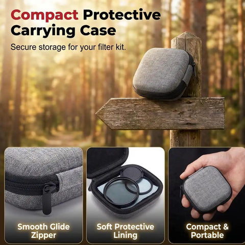Magnetic CPL Phone Camera Filter Kit With Quick Mount Polarizing Filter carrying case on wooden post
