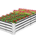 Galvanized Raised Garden Bed Kit 4 By 2 By 1 Foot Big Ol Bottomless Metal Planter Box with flowers on silver metal structure