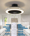 Bladeless 21 Inch Ceiling Fan With Remote Control and Light Kit shown in living room ceiling, includes remote details.
