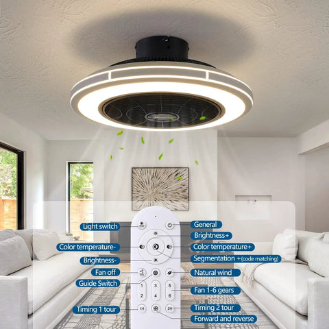 Bladeless 21 Inch Ceiling Fan With Remote Control and Light Kit shown in living room ceiling, includes remote details.
