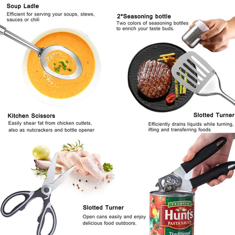 All In One 31 Piece Camping Utensils Set For Outdoor Cooking And Grilling including stainless steel tools and accessories