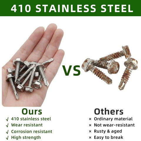 Comparison of Number Eight Hex Washer Head Self Drilling Screws For Sheet Metal Self Tapping 410 Stainless Steel Bright Finish with rusted screws