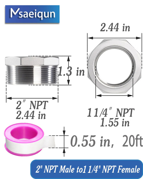 Stainless Steel Hex Bushing Reducer Pipe Fitting 2 NPT Male To One And One Quarter NPT Female Adapter, 304 stainless
