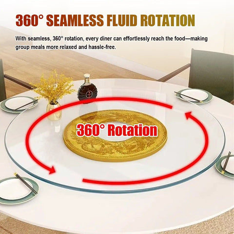 Heavy Duty Tempered Glass 360 Degree Turntable For Dining Tables showing seamless rotation feature and use on a dining table.