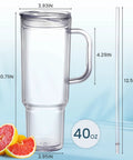 40 Oz Clear Double Wall Acrylic Tumbler With Handle And Straw Lid Reusable Water Bottle Fits Cup Holders BPA Free, dimensions shown.