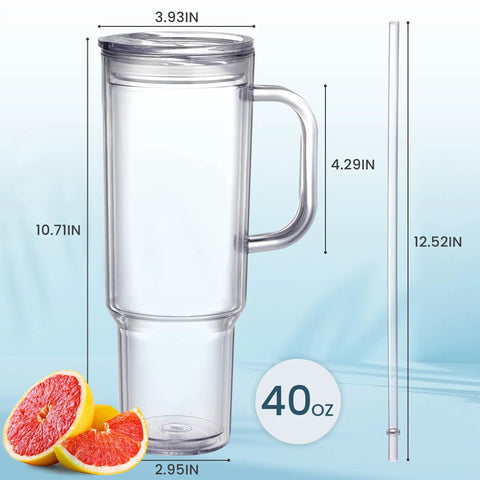 40 Oz Clear Double Wall Acrylic Tumbler With Handle And Straw Lid Reusable Water Bottle Fits Cup Holders BPA Free, dimensions shown.