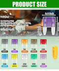 Image showing 120Pcs Car Mini Blade Fuse Assortment Kit With Heavy Grip Puller Wrench 2A To 35A in various sizes and colors.
