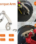 Beefy Universal Torque Arm For Electric Bikes Heavy Duty Front Or Rear Hub Motors And Mid Drive Motors 12mm 14mm Fitment Aluminum Iron Construction Anodized Finish For Strength And Safety installed on front and rear hubs