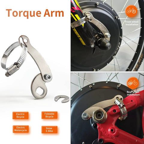 Beefy Universal Torque Arm For Electric Bikes Heavy Duty Front Or Rear Hub Motors And Mid Drive Motors 12mm 14mm Fitment Aluminum Iron Construction Anodized Finish For Strength And Safety installed on front and rear hubs