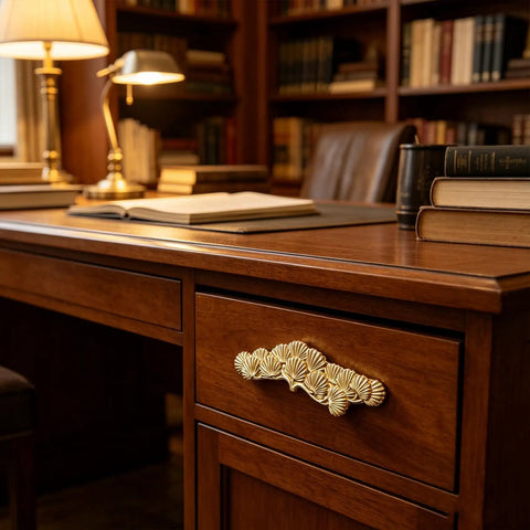 Two Pack Golden Welcoming Pine Cabinet Handles For Vintage Dressers And Drawers on a wooden desk drawer in a library setting.