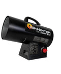 Portable 125000 BTU propane forced air heater for construction sites with 10 feet hose and regulator, heavy duty handle and split barrel.