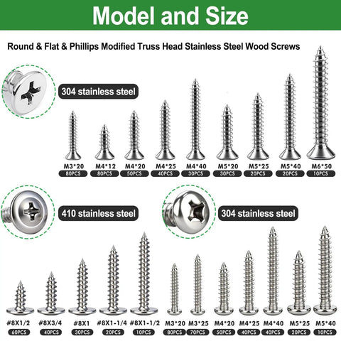 Different sizes of screws in the 810 Piece Stainless Steel Wood Screws Kit For DIY Projects Self Tapping Screws In Sizes M3 M4 M5 M6.