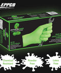 Top Shelf 6 Mil Nitrile Disposable Gloves With Ridged Grip For Mechanics Car Guys And Industrial Pros Powder Free Latex Free Tough As Nails Texture In Bright Lime Green X Large Case Of 900 box with gloves holding a wrench.