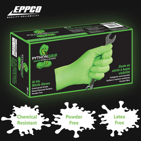 Top Shelf 6 Mil Nitrile Disposable Gloves With Ridged Grip For Mechanics Car Guys And Industrial Pros Powder Free Latex Free Tough As Nails Texture In Bright Lime Green X Large Case Of 900 box with gloves holding a wrench.