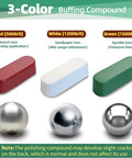 3-Color buffing compound set including red, white, and green bars with metallic polishing spheres for buffing wheels. Snap These Heavy Duty Four Inch Buffing Wheels Onto Your Bench Grinder To Whip Out An Insane Mirror Shine Fast With Three Colored Compounds For Tough Scrubbing Through To Ultra Smooth Finishing Done Right.