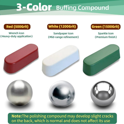 3-Color buffing compound set including red, white, and green bars with metallic polishing spheres for buffing wheels. Snap These Heavy Duty Four Inch Buffing Wheels Onto Your Bench Grinder To Whip Out An Insane Mirror Shine Fast With Three Colored Compounds For Tough Scrubbing Through To Ultra Smooth Finishing Done Right.