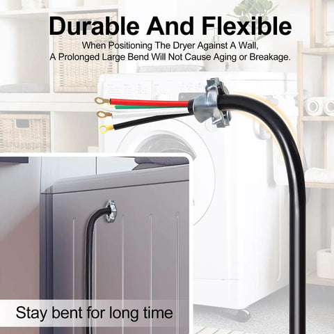 Heavy Duty 4 Prong Dryer Power Cord 30 Amp 5 Feet With Ring Terminal Connectors In Four Colors Pure Copper Wire NEMA 14 30P Compatible shown bent next to a dryer.