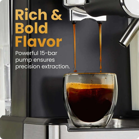 CafeMaster Pro Espresso Machine Lets You Brew Single Or Double Shots Like A Real Barista At Home With Built In Milk Frother 15 Bar Pump XL 1.8 Liter Removable Water Reservoir Stainless Steel Finish dispensing espresso into a glass cup