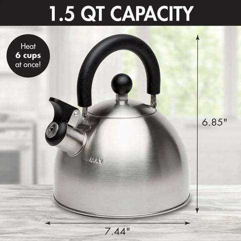 Whistling Stovetop Tea Kettle With Food Grade Stainless Steel, 1.5 Quart Capacity, Boils Fast, No Waiting, Cool Touch Folding Handle