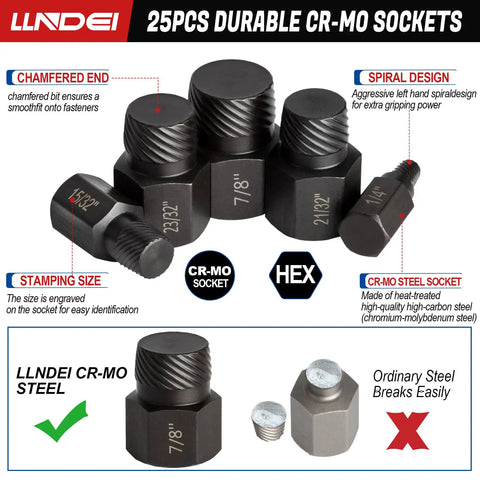 Heavy Duty Screw Extractor Set For Damaged Screws And Stripped Bolts 25 Piece CR MO MultiSpline EZ Out Style Remover