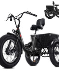 All Terrain Fat Tire Electric Tricycle For Adults With 750W Peak Motor, 36V 13Ah Lithium Battery, UL Certified, 15 MPH Top Speed, 3 Wheel Foldable E Bike, 20x4 Fat Tires, 80 Percent Assembled, Black, side view with rear basket