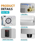 Product details of Powerful 360W Ultrasonic Cleaner with 10 Liter Tank, showing SUS304 tank, drain valve, cooling fan, and power socket.