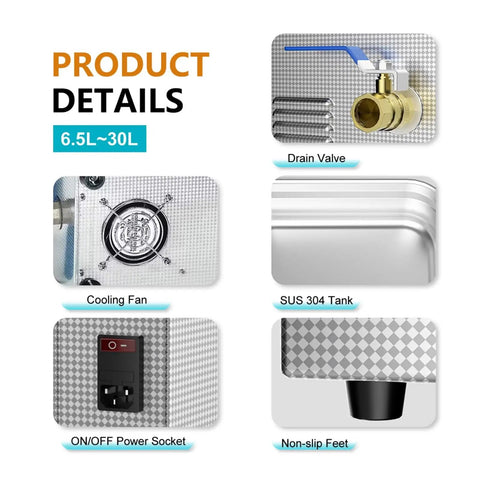 Product details of Powerful 360W Ultrasonic Cleaner with 10 Liter Tank, showing SUS304 tank, drain valve, cooling fan, and power socket.